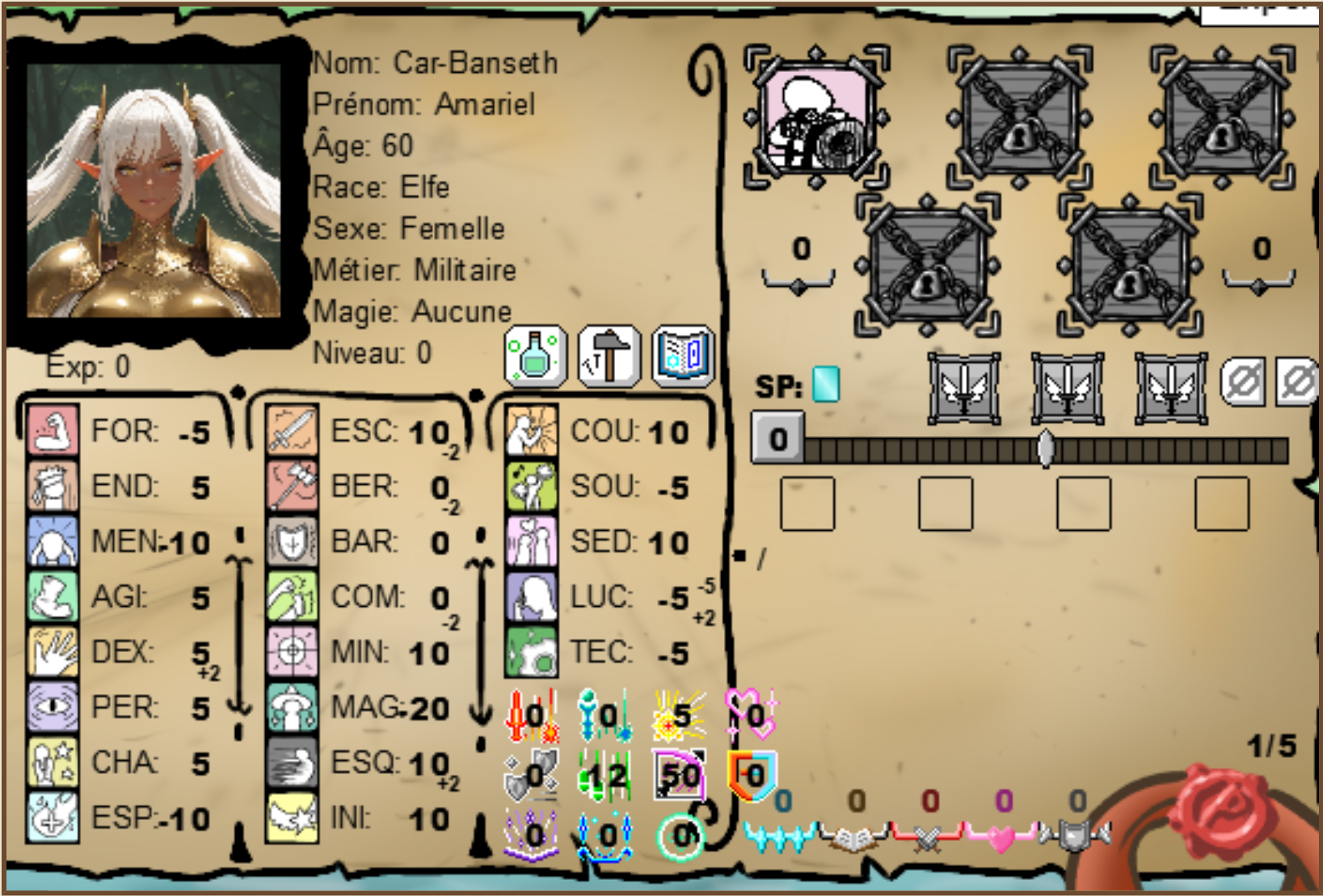 Exemple de fiche Fyroll : Amariel Car-Banseth, elfe militaire de niveau 0, avec ses caractéristiques réparties, ses jauges et ses emplacements de talents.